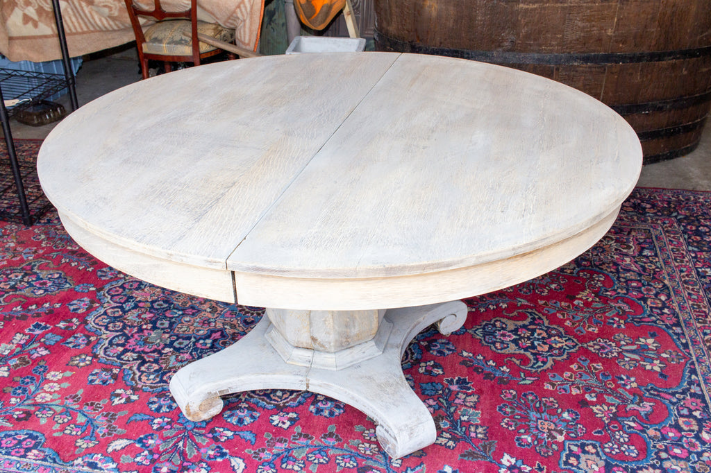 Antique Round Oak Pedestal Table in Light Greige Finish with Extension Leaves