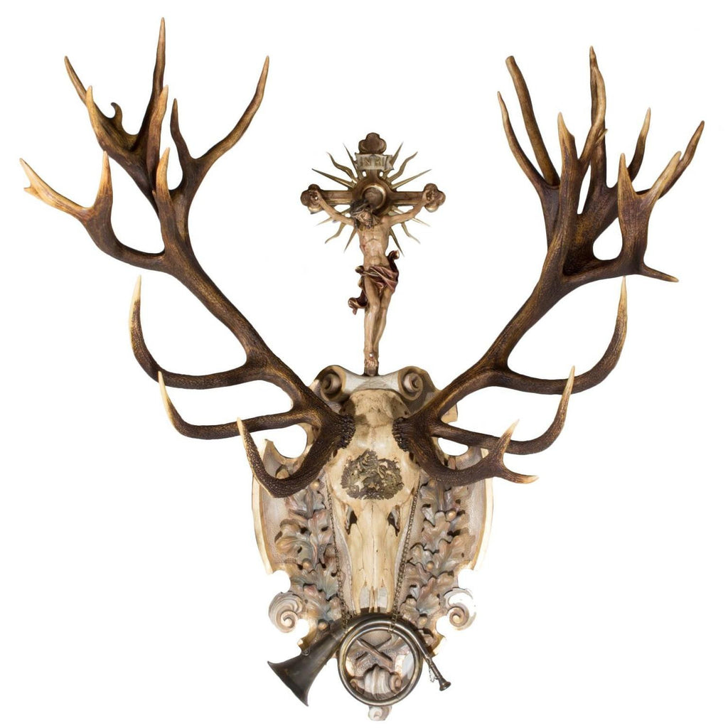 19th Century St. Hubertus Red Stag Hunting Trophy with Fürst Pless Horn