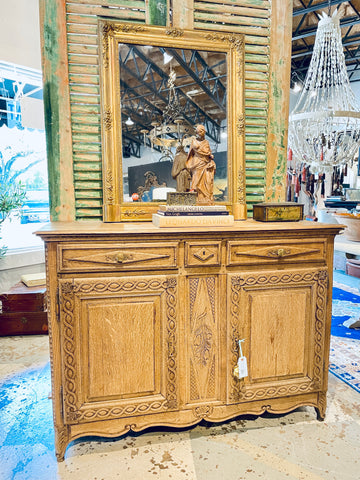 Rustic 18th c French Oak Buffet with Carved Details & Iron Hardware