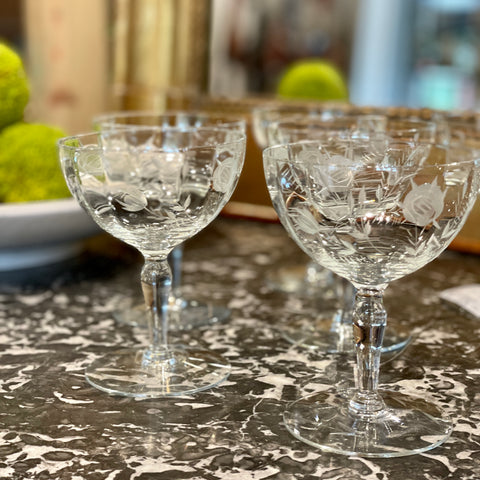 Vintage Etched Crystal Coupes with Rose Pattern | Set of 7