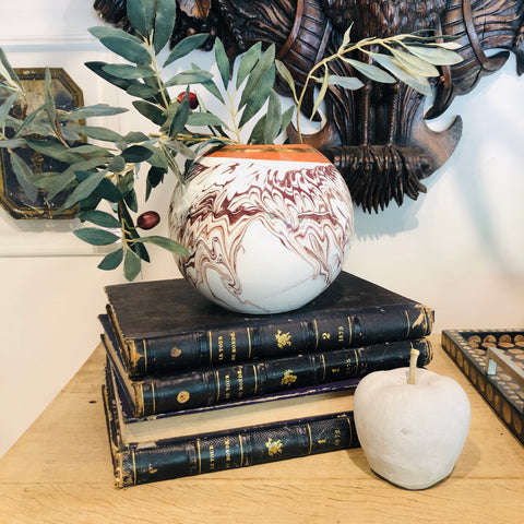 Handmade Marble Glazed Moroccan Ball Vase with 12K Gold