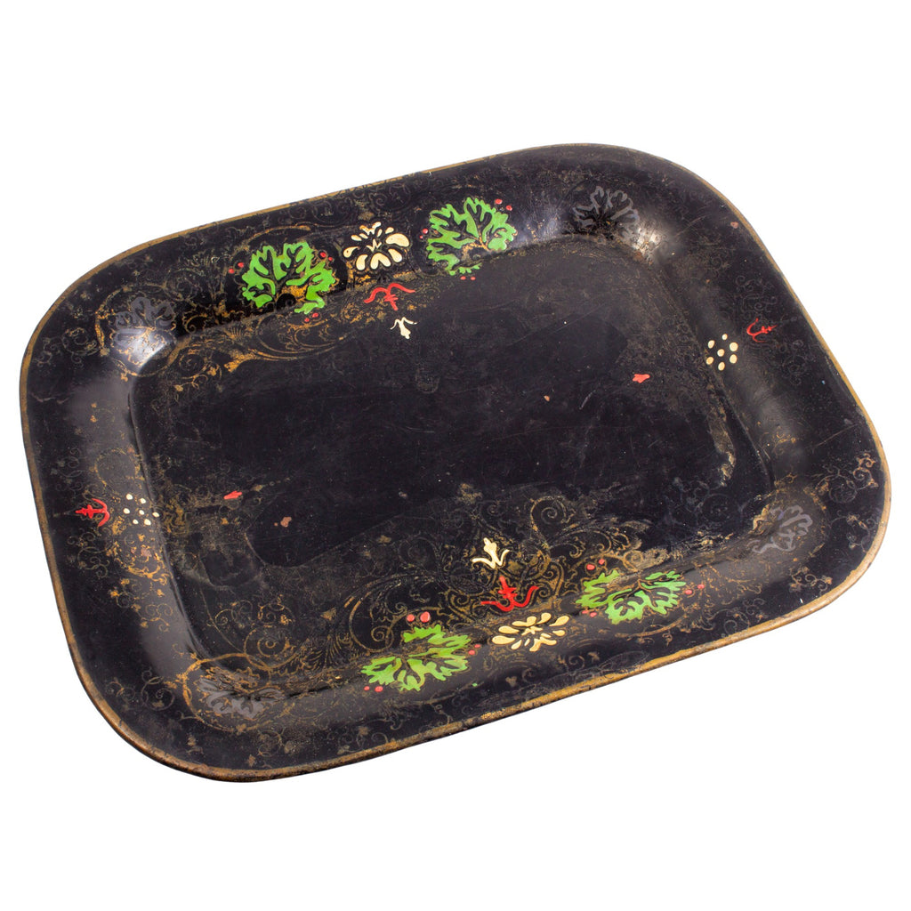 Antique French Hand-Enameled Metal Tray in Black & Gold