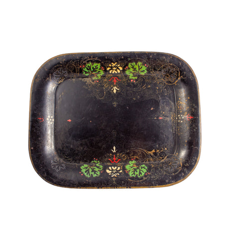 Antique French Hand-Enameled Metal Tray in Black & Gold