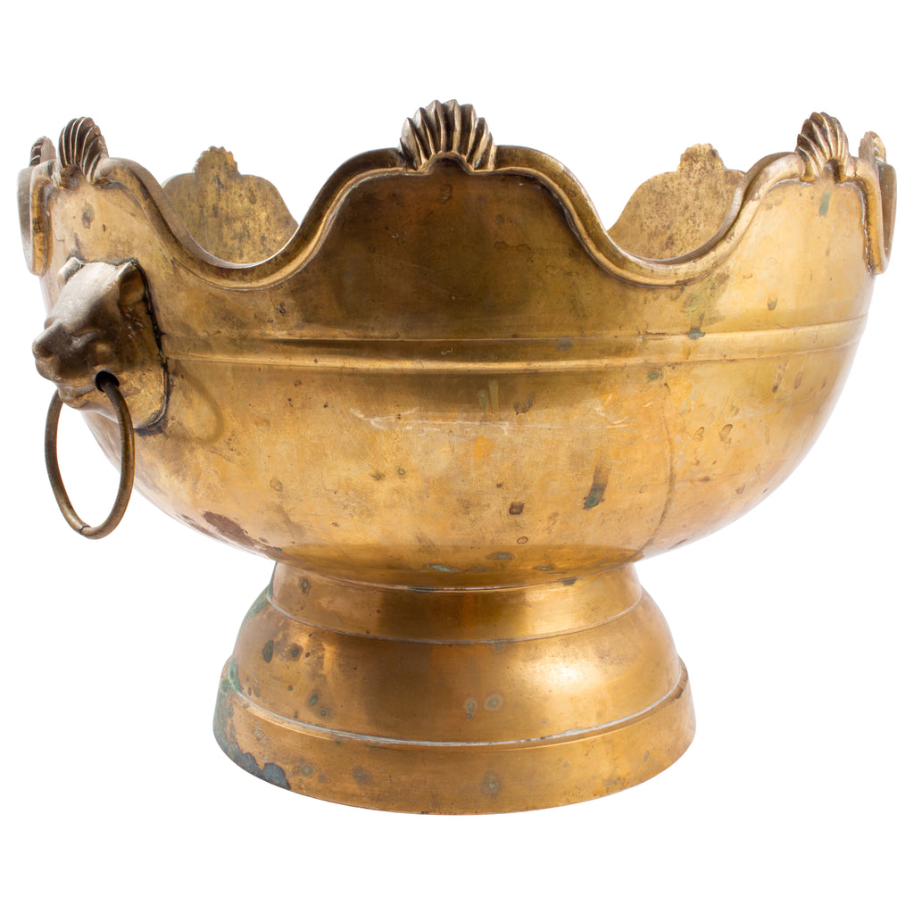 Antique Brass Footed Bowl with Bear-Head Handle Detail