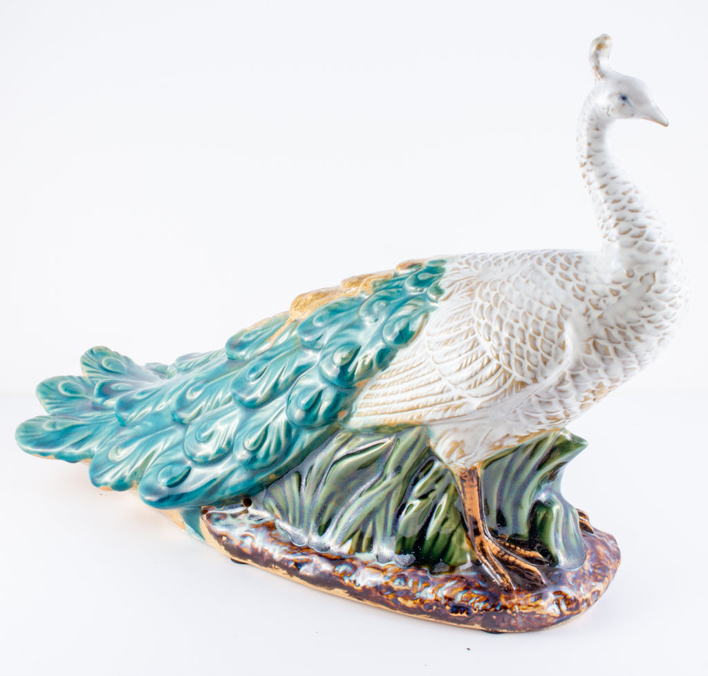 Pairing of Vintage Glazed Ceramic Peacock Figures