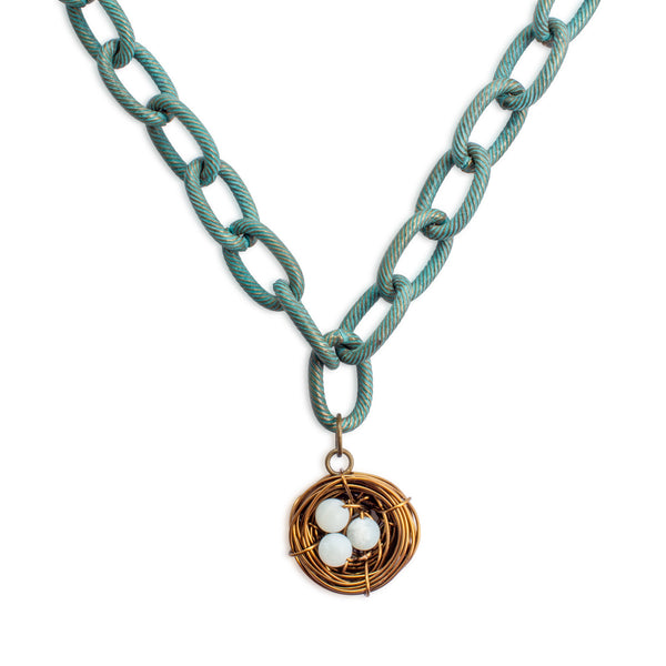 Handmade Birds Nest Pendant Necklace - 17" Chain