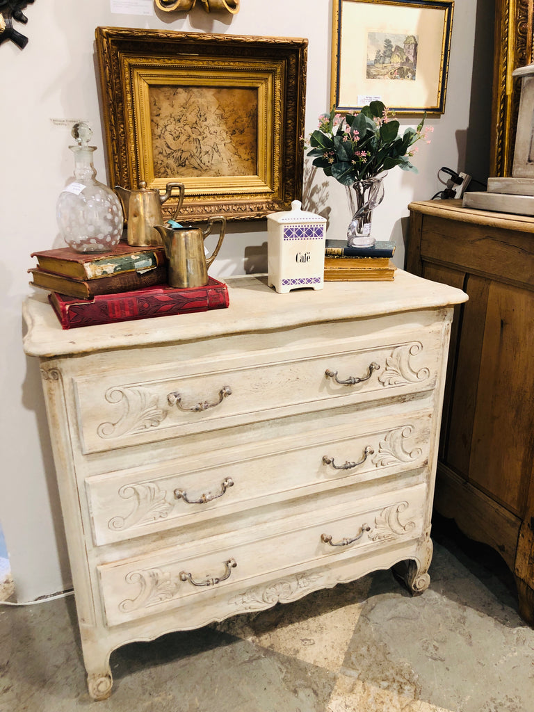 Antique French Petite Bleached Three-Drawer Dresser with Carved Drawer Laurier Blanc | Unique Home Decor From Around The World Antique French Petite Bleached Three-Drawer Dresser with Carved Drawer Laurier Blanc | Unique Home Decor From Around The World