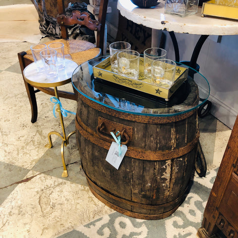 Antique French Wood and Iron Barrel Table with Glass Top