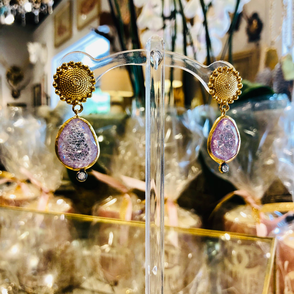 Handmade Gold & Amethyst Crackle Drop Earrings from Istanbul