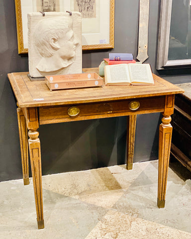 1920s French Parquet Top Desk with Drawer and Brass Details