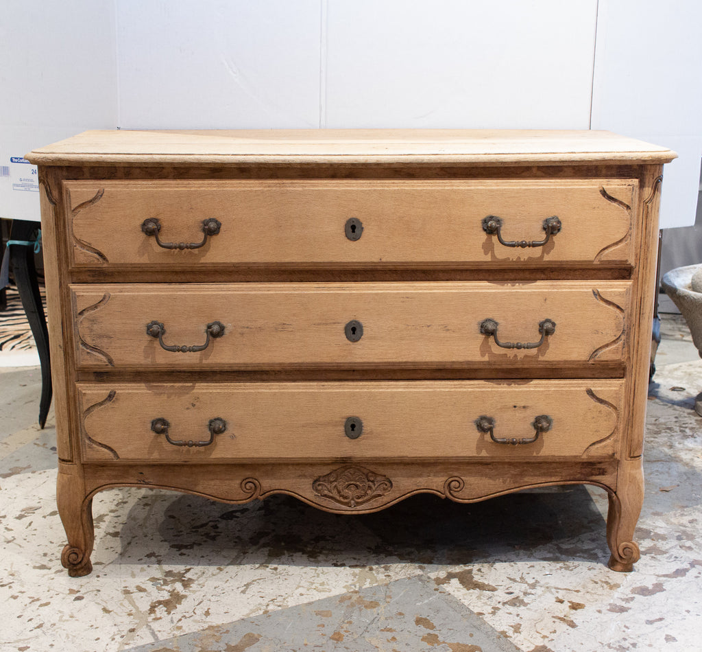 Antique French Stripped Wood Three-Drawer Commode with Carved Details