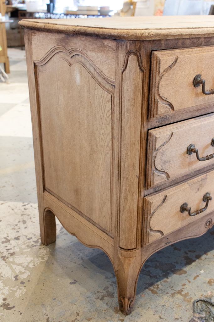 Antique French Stripped Wood Three-Drawer Commode with Carved Details