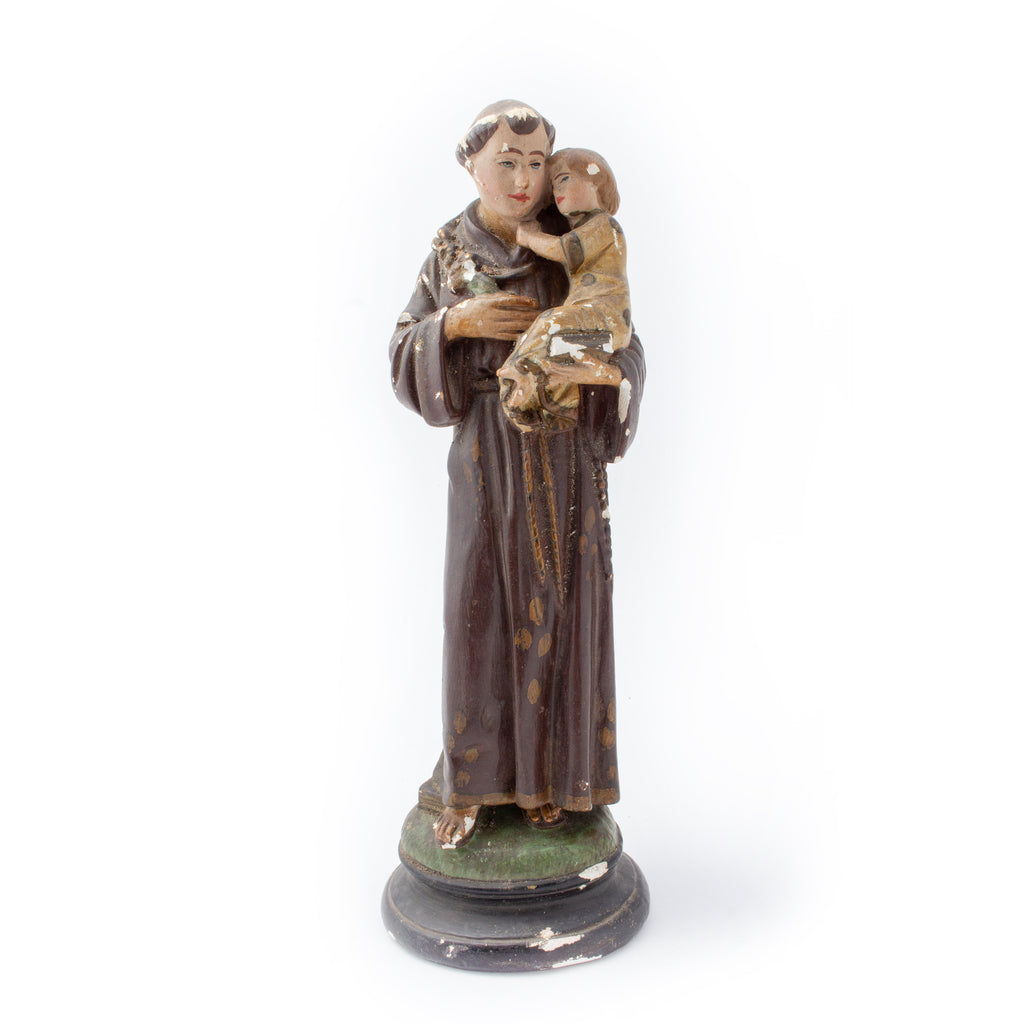 Antique French Hand-Painted Plaster St. Anthony Statue