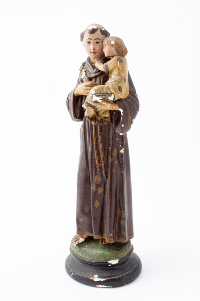 Antique French Hand-Painted Plaster St. Anthony Statue