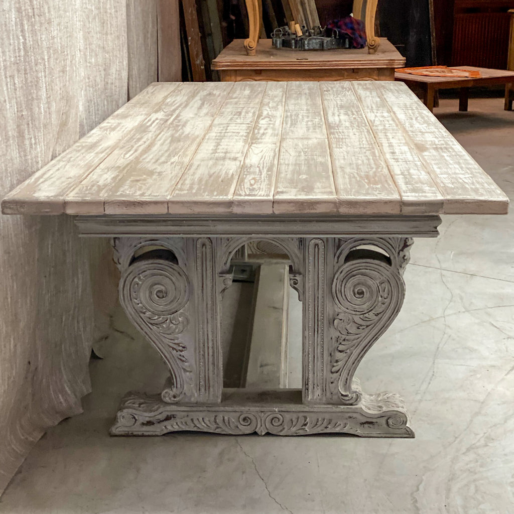Antique French Henry II Carved Dining Table Distressed Greige Finish