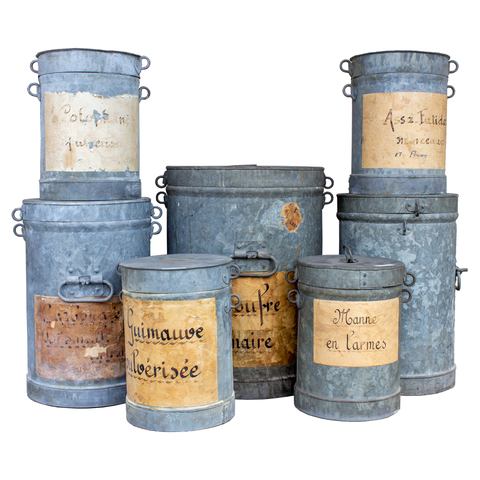 Antique French Zinc Canisters from a Paint Supply Shop