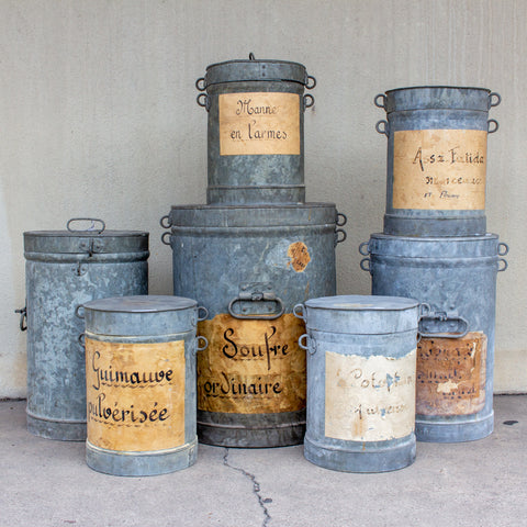 Antique French Zinc Canisters from a Paint Supply Shop