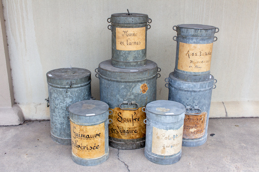 Antique French Zinc Canisters from a Paint Supply Shop