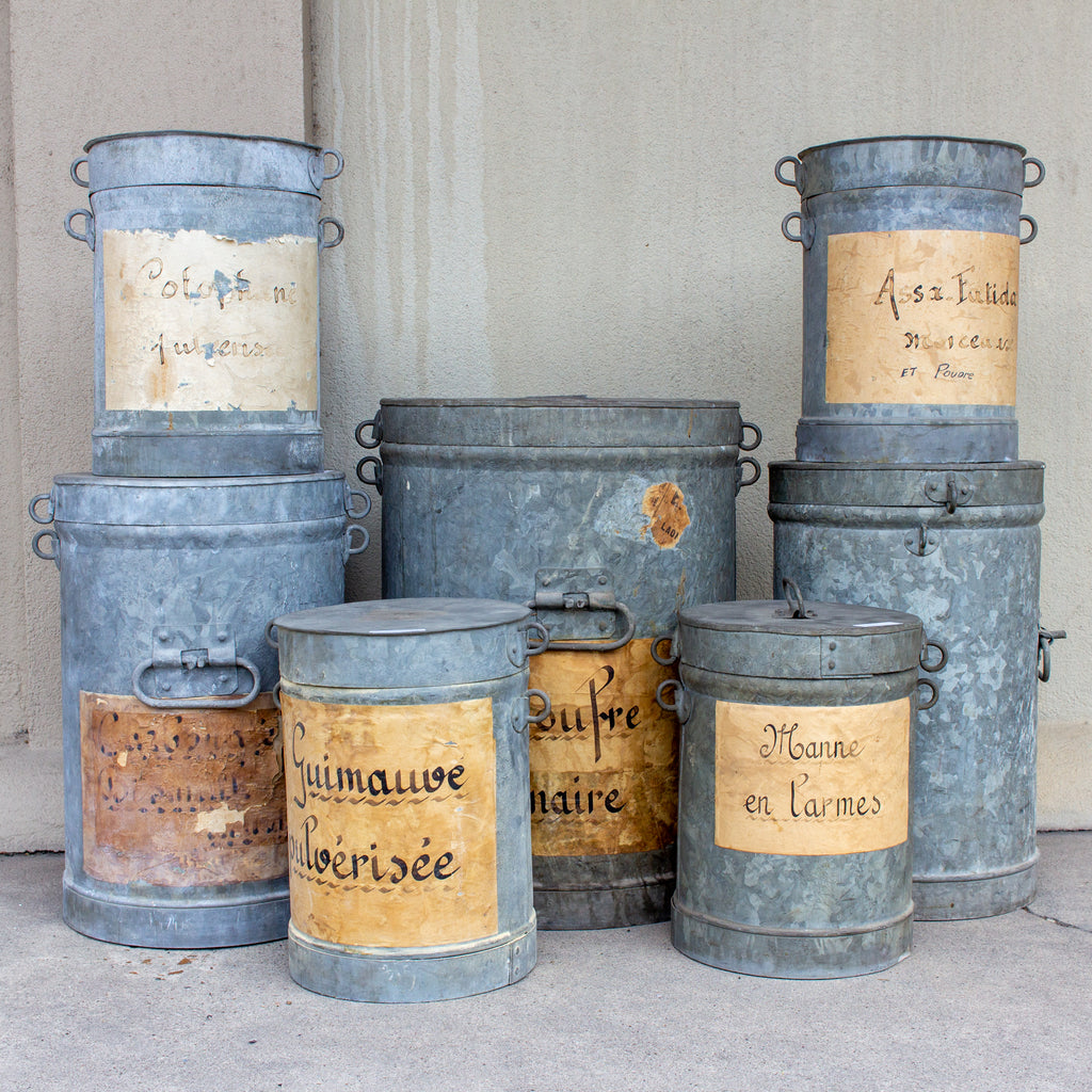 Antique French Zinc Canisters from a Paint Supply Shop