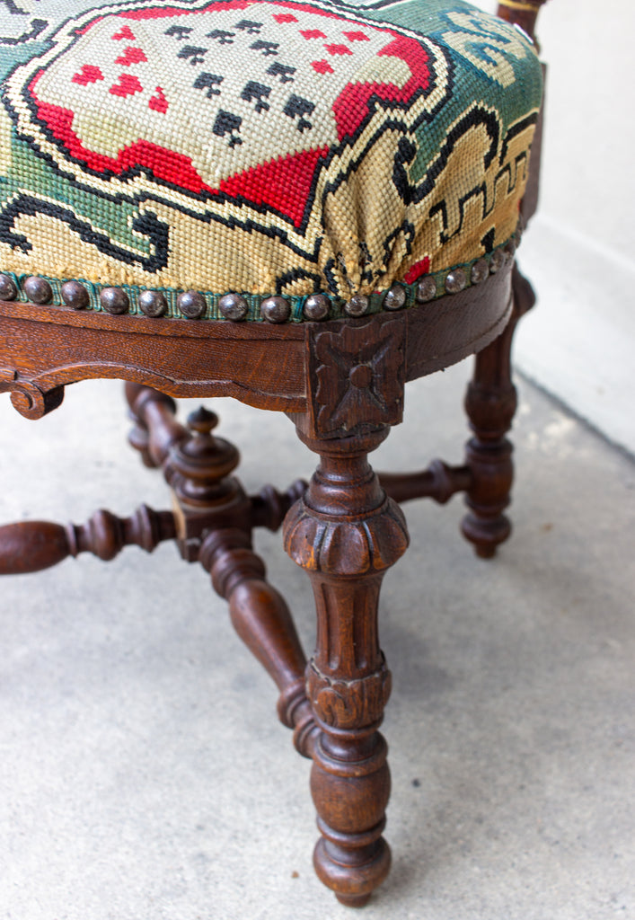 Antique French Carved Wood Smoking Chair with Embroidered Upholstery ca. 1900