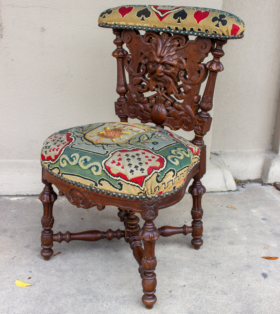 Antique French Carved Wood Smoking Chair with Embroidered Upholstery ca. 1900