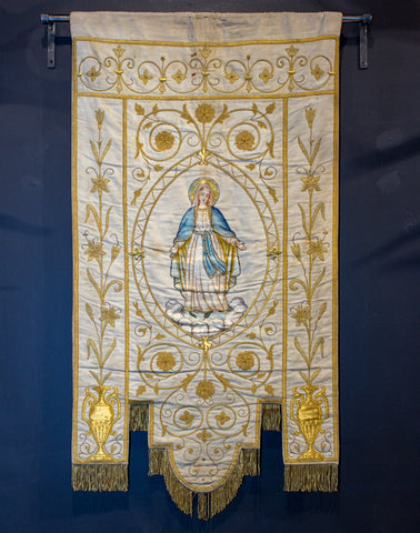 Antique French Embroidered Velvet Tapestry of the Madonna on Iron Hanger
