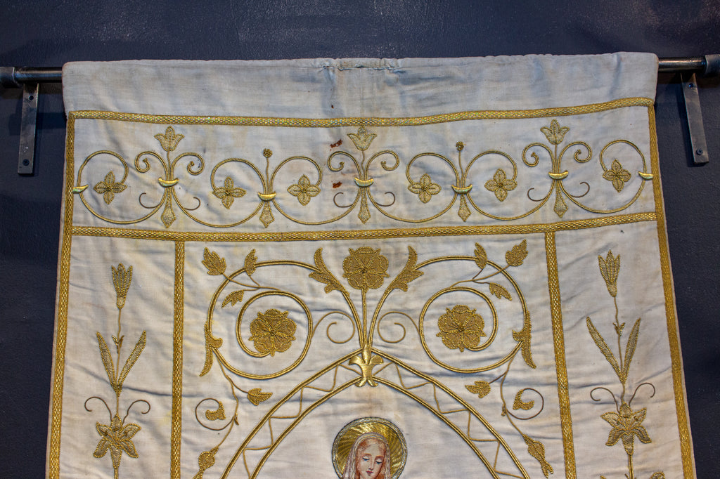 Antique French Embroidered Velvet Tapestry of the Madonna on Iron Hanger