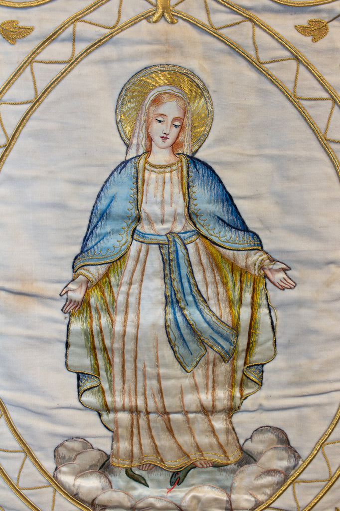 Antique French Embroidered Velvet Tapestry of the Madonna on Iron Hanger