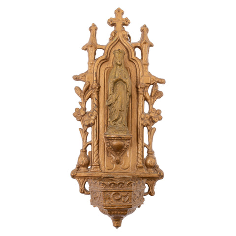 Vintage French Metal Holy Water Font with Madonna Image