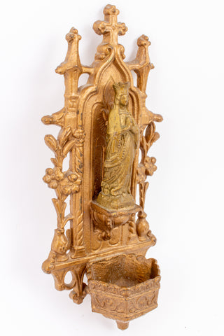Vintage French Metal Holy Water Font with Madonna Image