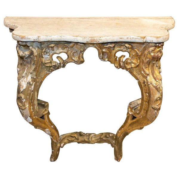 Antique Italian Rococo Wood and Plaster Console with Distressed Gilt Finish