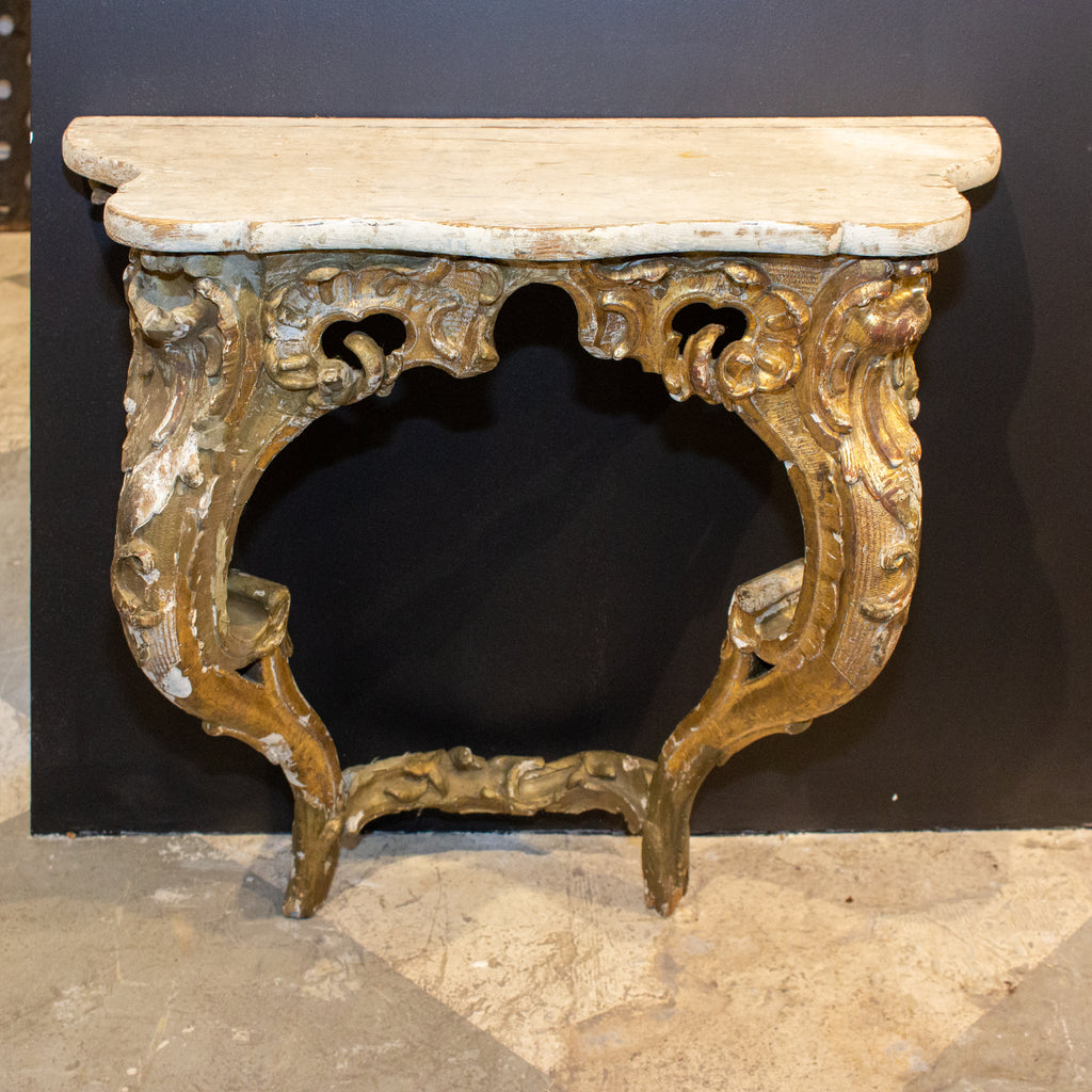 Antique Italian Rococo Wood and Plaster Console with Distressed Gilt Finish