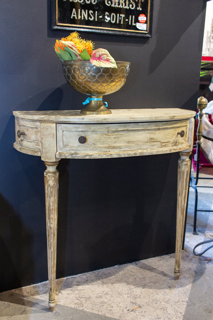 Vintage French Demilune Console with Drawer in Distressed Painted Finish