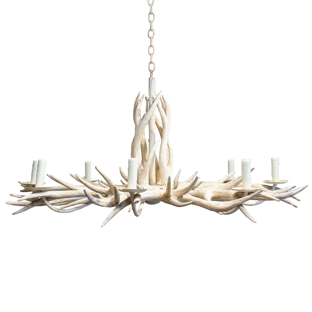 Vintage Hand Carved Wood & Iron Antler Chandelier in Antiqued White