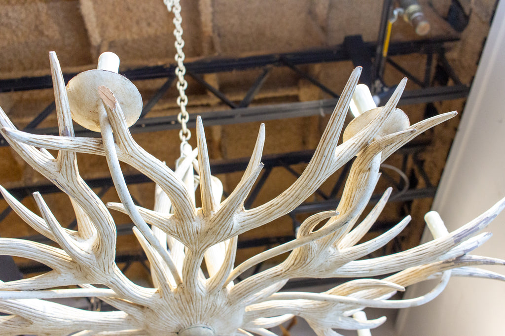 Vintage Hand Carved Wood & Iron Antler Chandelier in Antiqued White