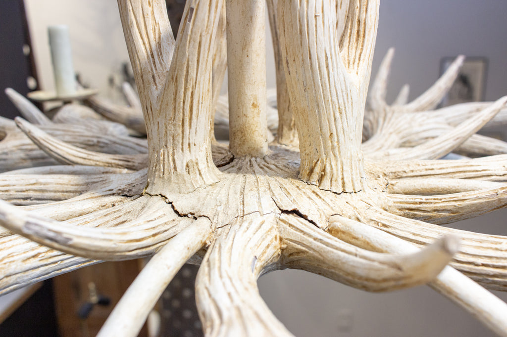 Vintage Hand Carved Wood & Iron Antler Chandelier in Antiqued White