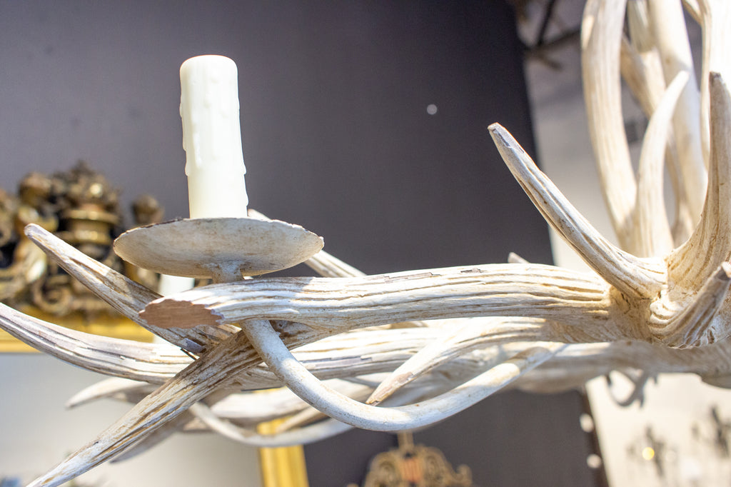Vintage Hand Carved Wood & Iron Antler Chandelier in Antiqued White