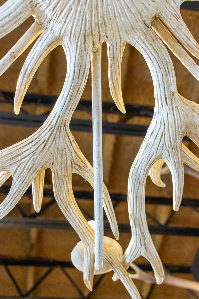 Vintage Hand Carved Wood & Iron Antler Chandelier in Antiqued White