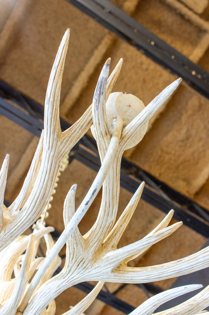 Vintage Hand Carved Wood & Iron Antler Chandelier in Antiqued White