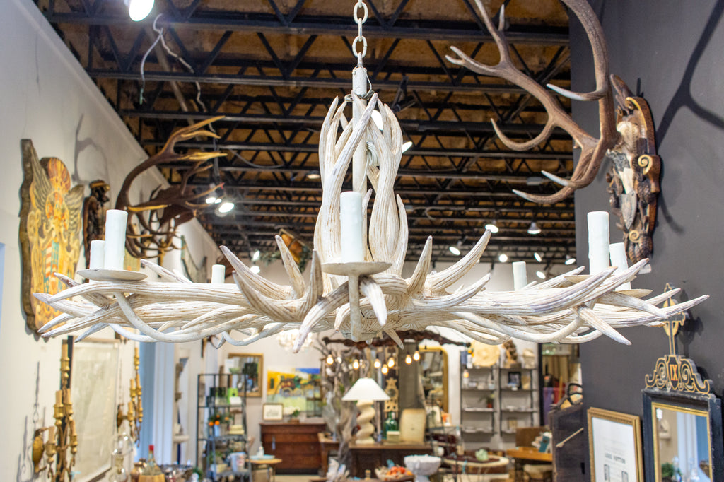 Vintage Hand Carved Wood & Iron Antler Chandelier in Antiqued White