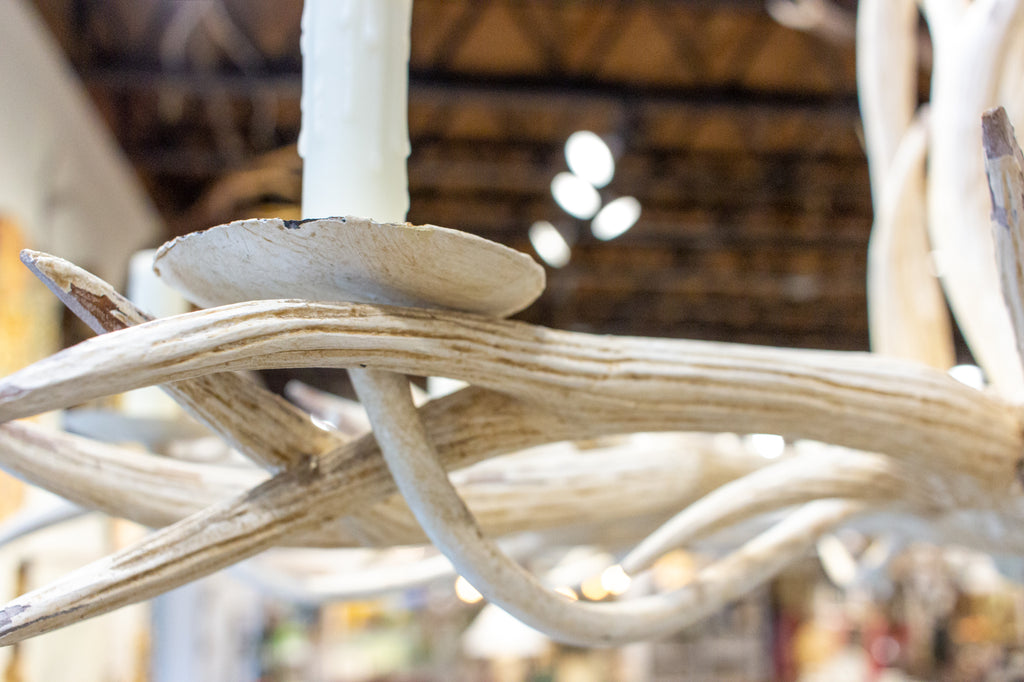 Vintage Hand Carved Wood & Iron Antler Chandelier in Antiqued White
