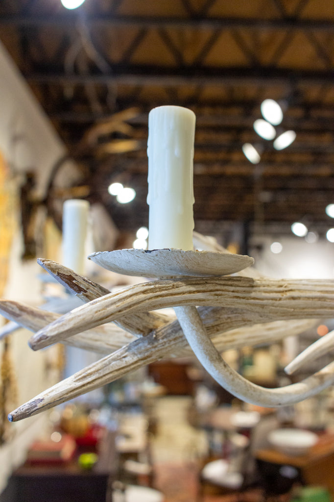 Vintage Hand Carved Wood & Iron Antler Chandelier in Antiqued White
