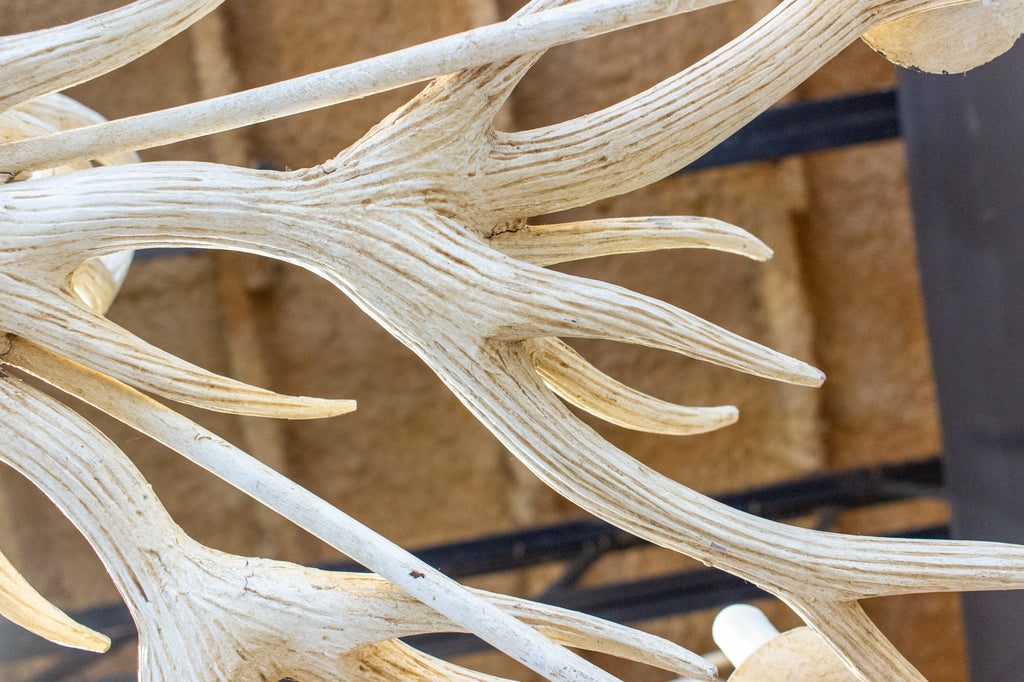 Vintage Hand Carved Wood & Iron Antler Chandelier in Antiqued White