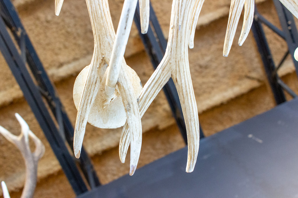 Vintage Hand Carved Wood & Iron Antler Chandelier in Antiqued White