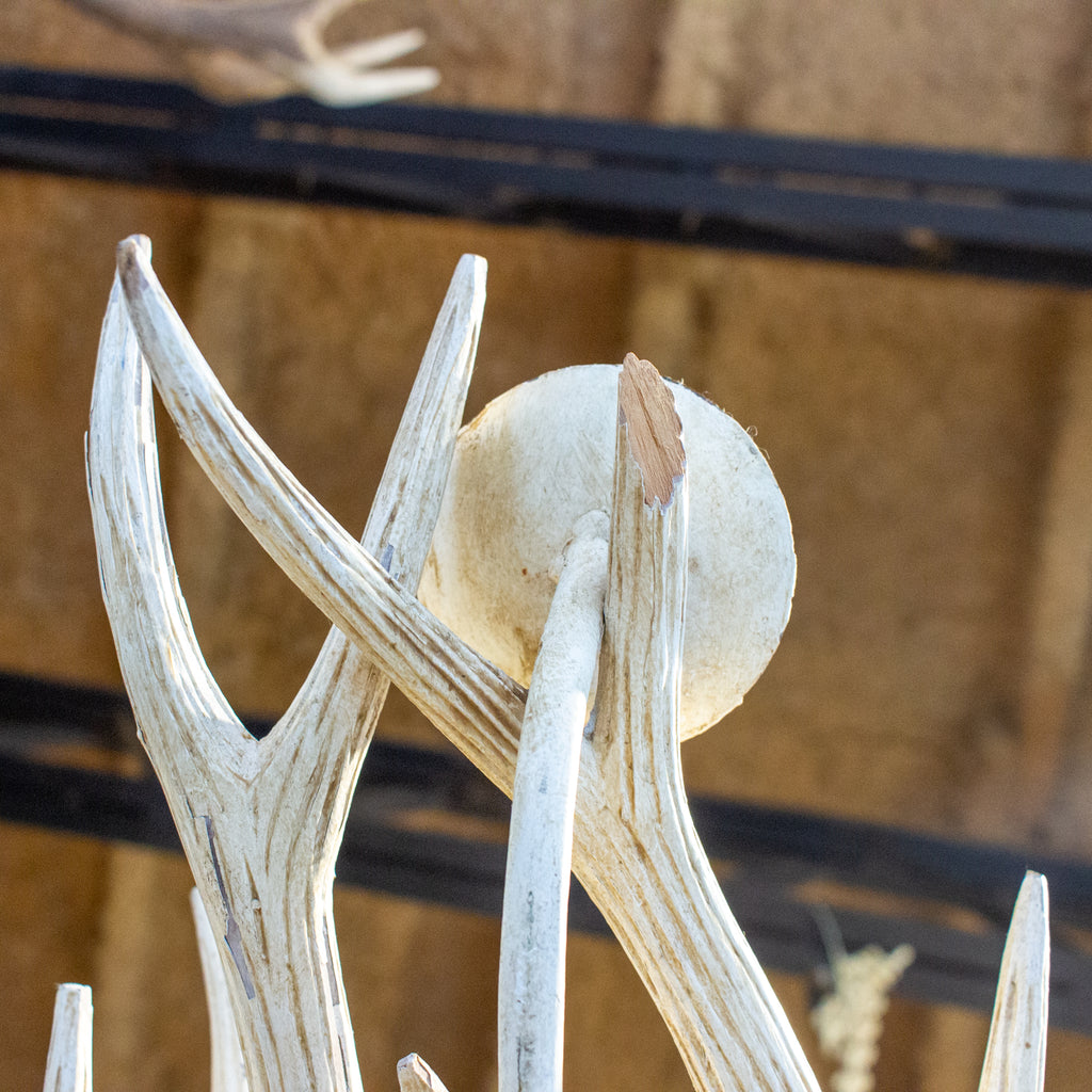 Vintage Hand Carved Wood & Iron Antler Chandelier in Antiqued White