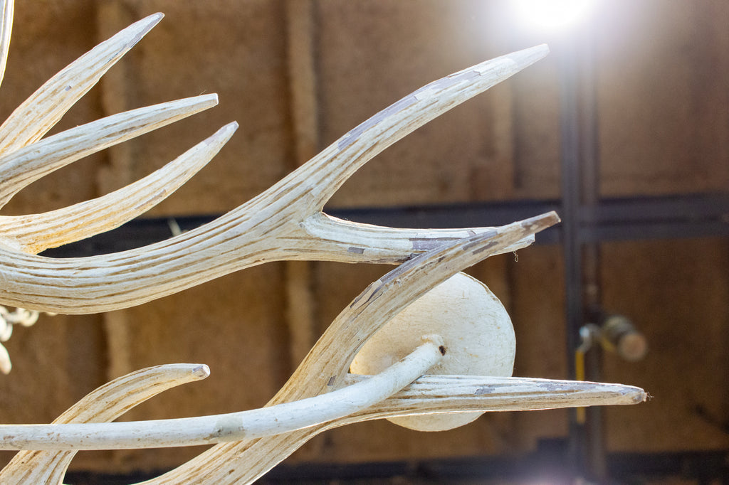 Vintage Hand Carved Wood & Iron Antler Chandelier in Antiqued White