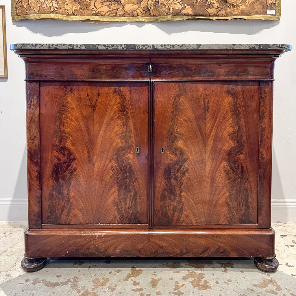 Antique French Burled Wood Louis Philippe Style Buffet with Belgian Marble Top
