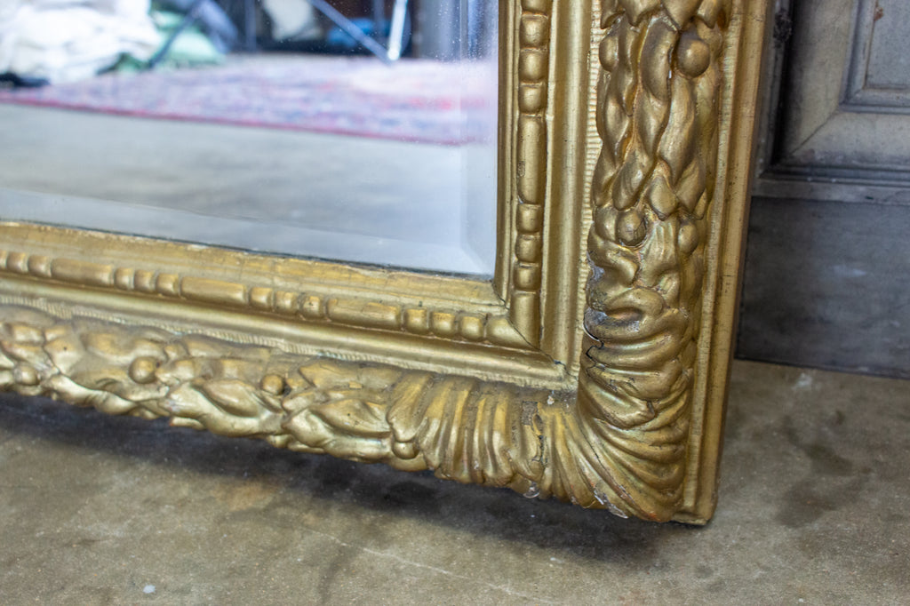 Antique French Large Beveled Glass Mirror with Carved Gilt Frame