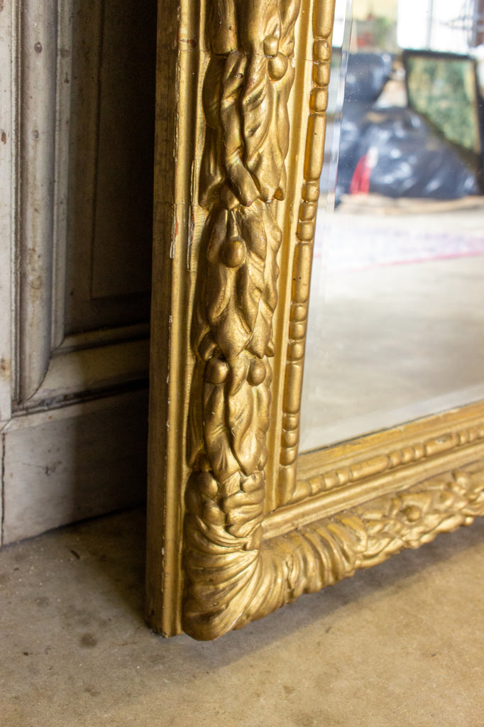 Antique French Large Beveled Glass Mirror with Carved Gilt Frame