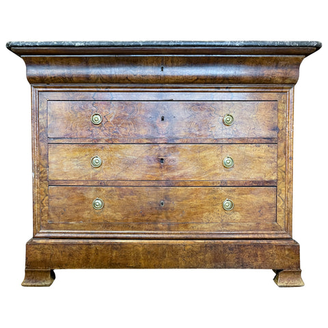 Antique French Louis Philippe Five-Drawer Chest with Belgian Marble Top
